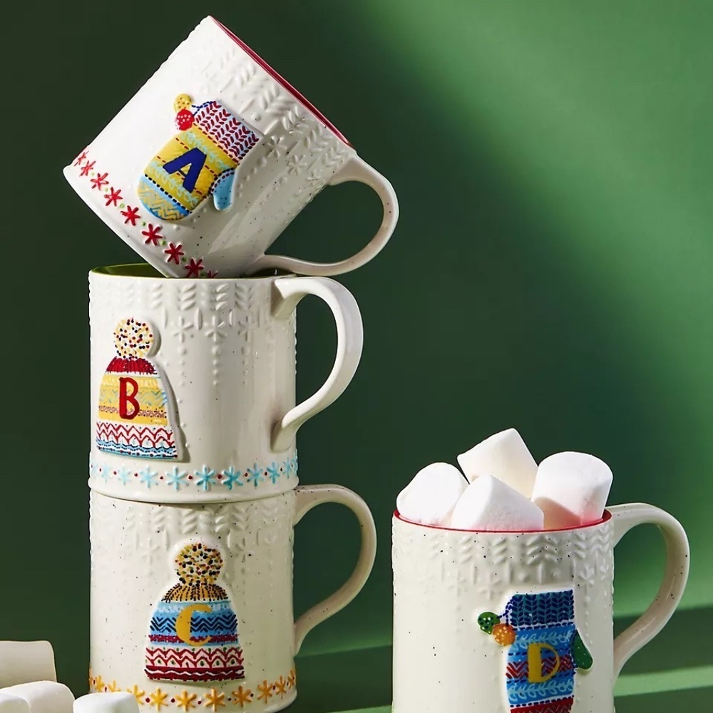 NIB Anthropologie Bundled Up Monogram Holiday Christmas Mug Letter K - Picture 1 of 3